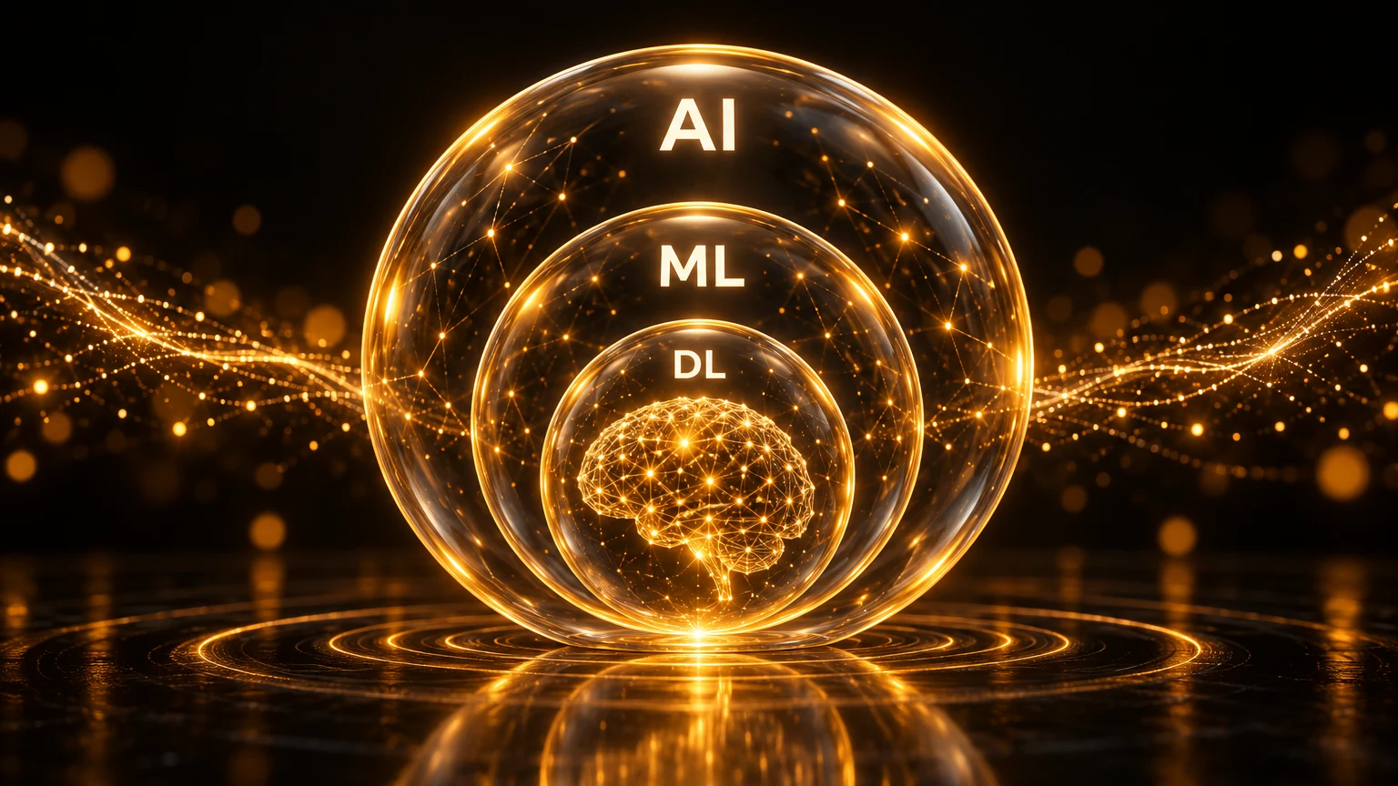Три вложенные светящиеся сферы с подписями AI, ML и DL и нейросетевым мозгом в центре
