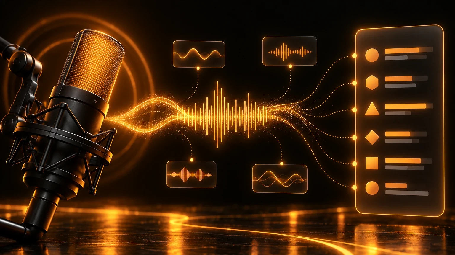 An amber microphone and sound wave transforming into a structured transcription panel on a dark background