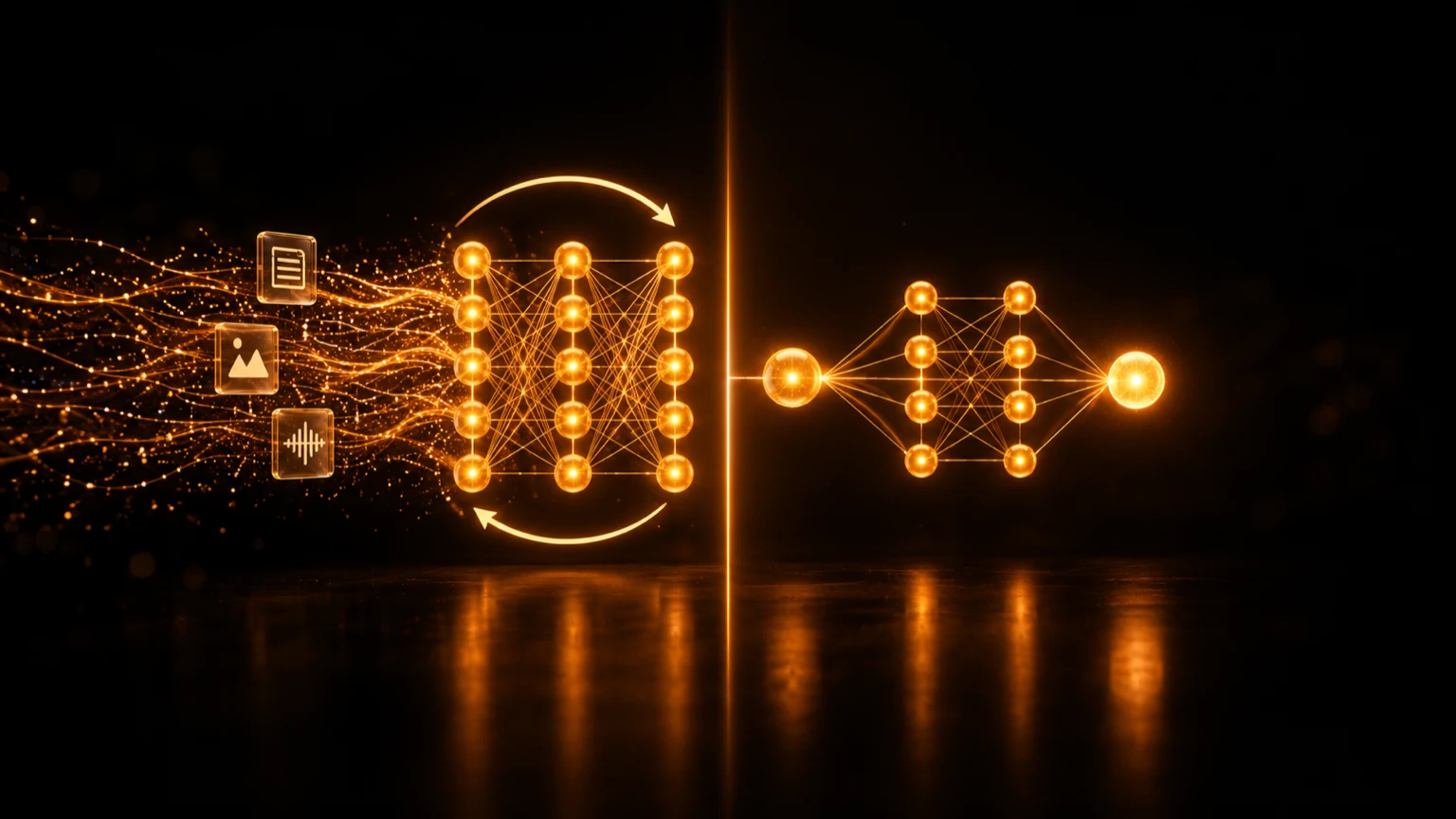 On the left, streams of data flow into a glowing amber neural network circled by looping arrows; on the right, a single input passes through a trained network to a single output