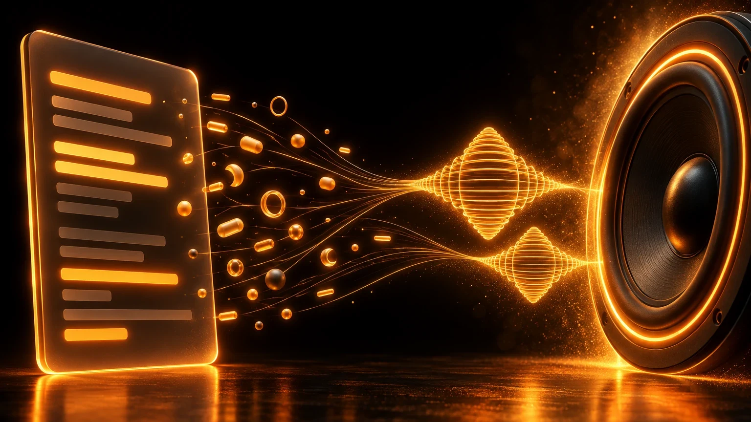 An amber text panel transforming into a glowing sound wave and speaker on a dark background
